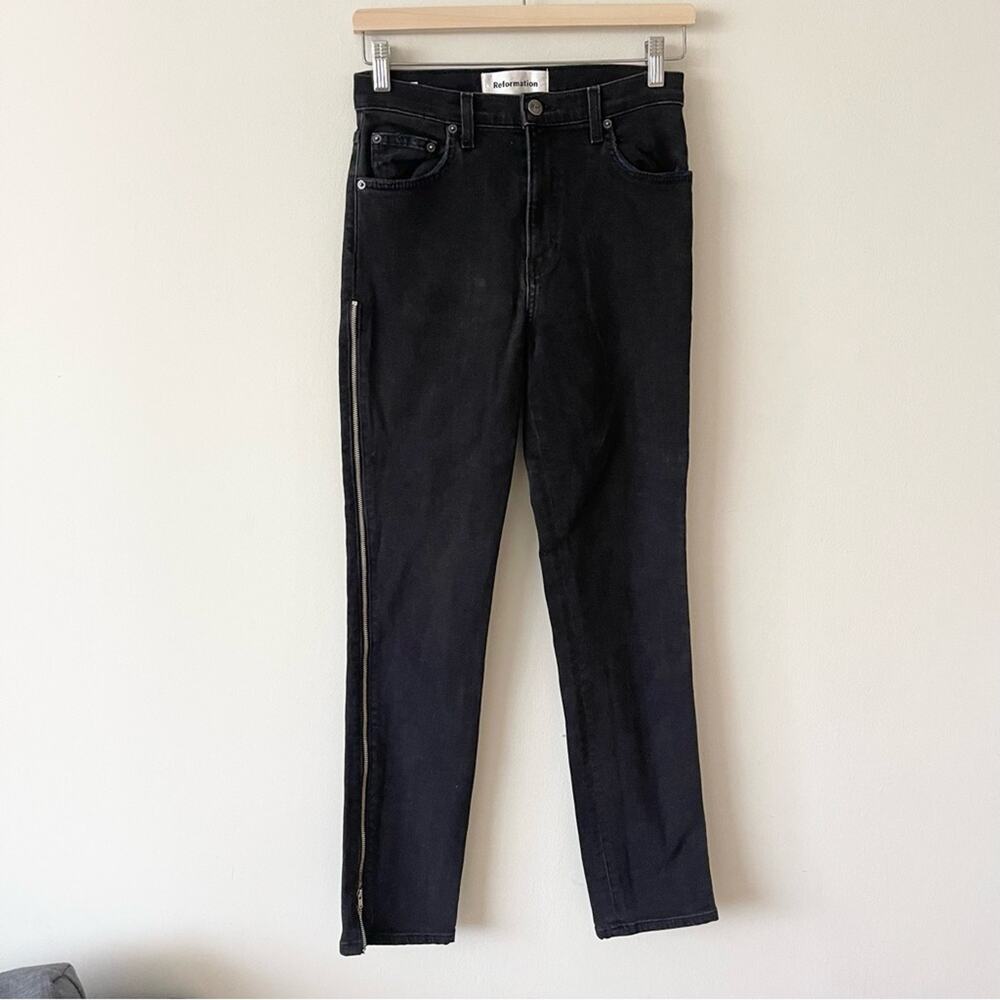Reformation Helix Side Zipper Slim Black Denim Pants Jeans High Rise size 26